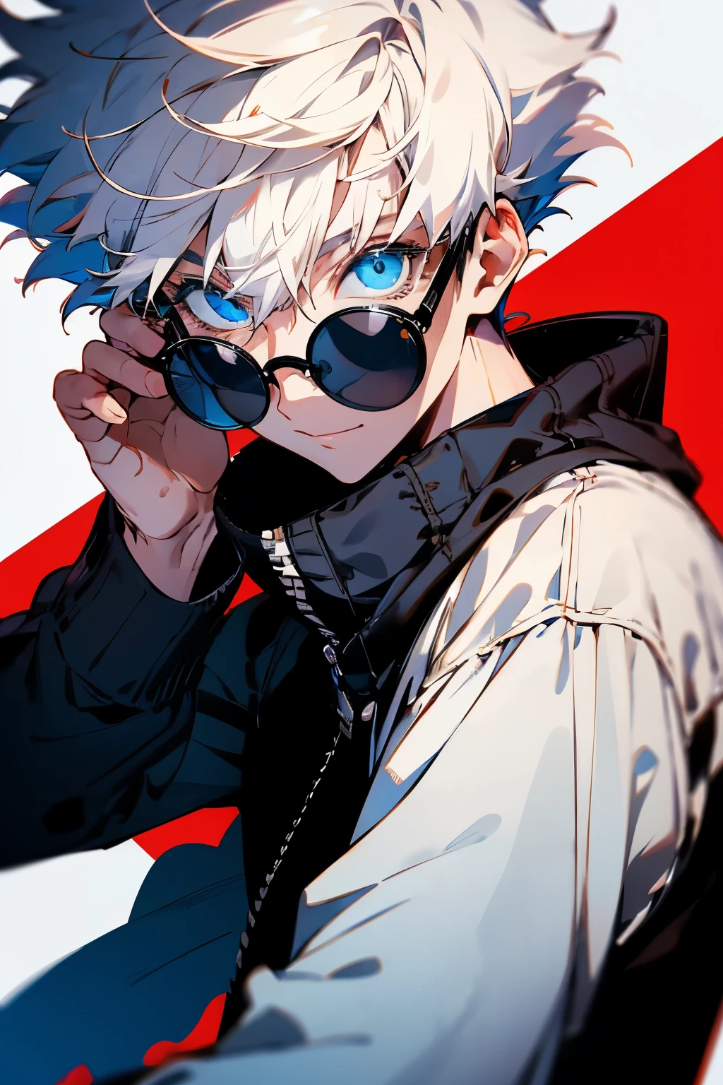 gojou satoru, solo, looking at viewer, smile, short hair, bangs, blue eyes, simple background, long sleeves, 1boy, white background, hair between eyes, closed mouth, jacket, upper body, white hair, male focus, pants, hand up, black jacket, eyelashes, sunglasses, high collar, colored eyelashes, round eyewear