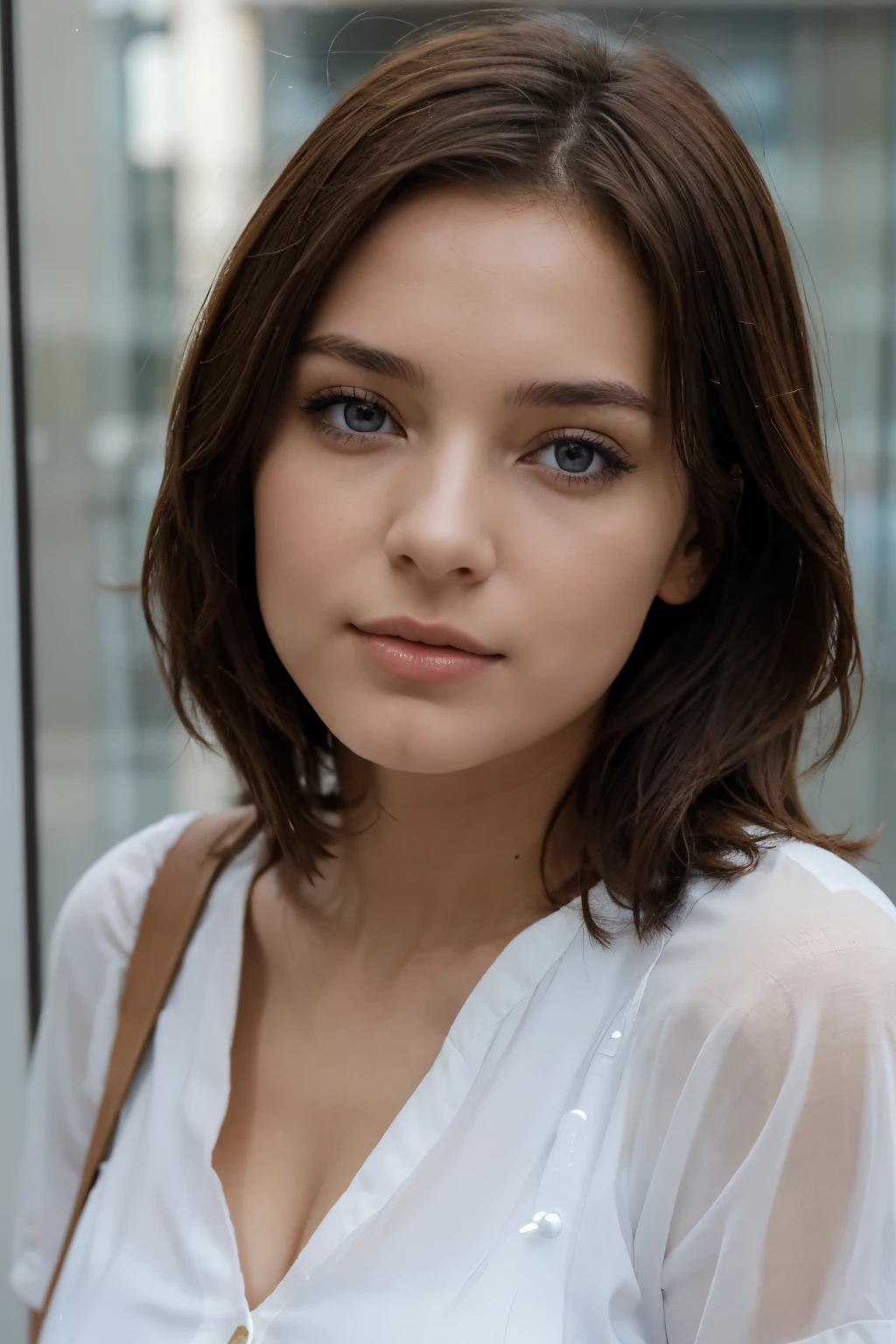 jeune femme de 25 ans, Brune aux yeux bleus, chemisier blanc transparent, pluie d&#39;Summer, bare shoulders, Coupe-bas, in a medieval village, murs en anciennes pierres, portes en bois