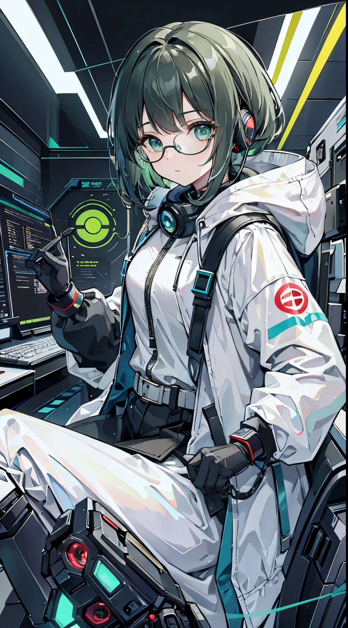 A middle-aged woman，Semi-mechanical modification，Droid，Droid Expert，Green Eyes，Watching，（black gray hair：1.5），Programmer，programmer，Hold your head，sit on the chair，White coat，White coat，White Robe，White coat，Research suits，shirt，Office，Droid Minions，earphone，单片Glasses，Glasses，eyepiece，Condescending，Watching，bootonolithic eyepieces，Decision tasks，Mature，Cyberpunk Characters，Mechanical backpack,At work，