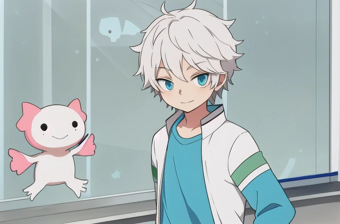 White-haired boy wearing a cyan shirt and white pants with cyan sneakers, with an axolotl on his shoulder.