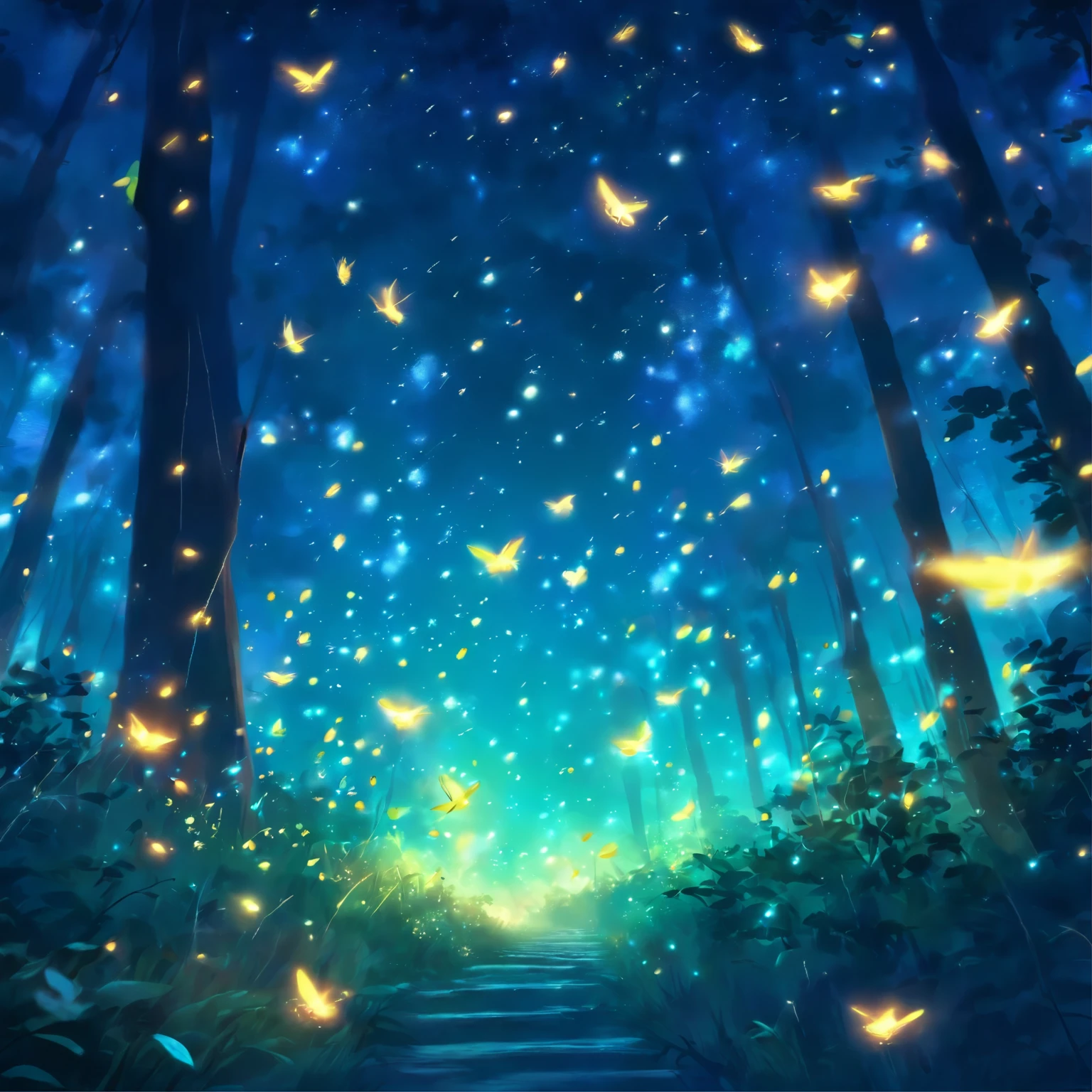 fireflies flying in the night sky above a forest path, concept art by Yang J, tumblr, conceptual art, fireflies and sparkling wisps, magical forest with fireflies, glowing fireflies, fireflies!!!!, firefly forest at night, fireflies!!, cozy night fireflies, fireflies around, fireflies glowing, fireflies flying in the forest