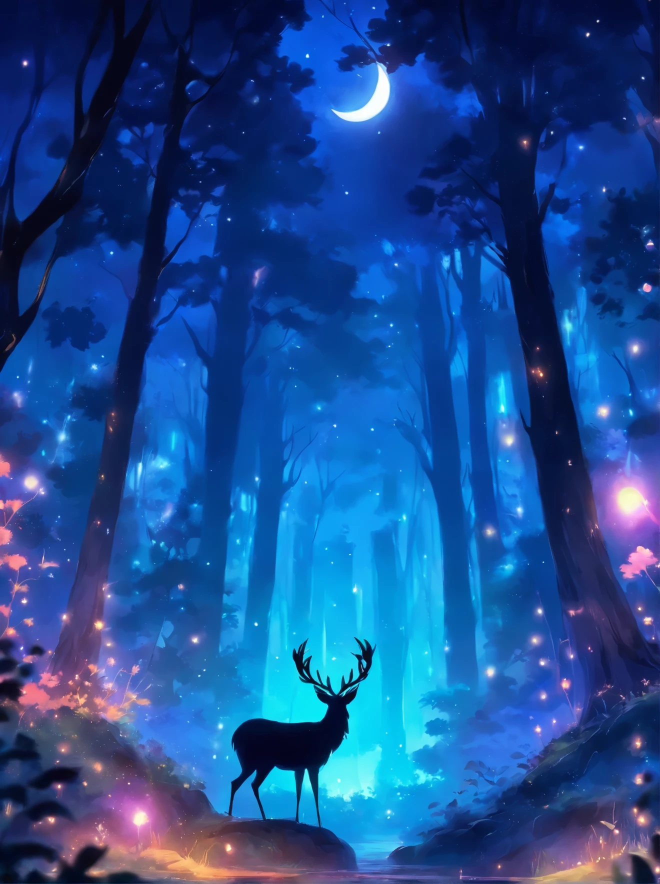 a painting of a deer in the woods with a crescent, calm night. digital illustration, ✨🕌🌙, night in the forest, in the forest at night, in a forest at night, night forest, the moonlit dance of the fae, ori and the blind forest, hollow knight concept art, moonlit forest environment, moonlit forest, forest spirit