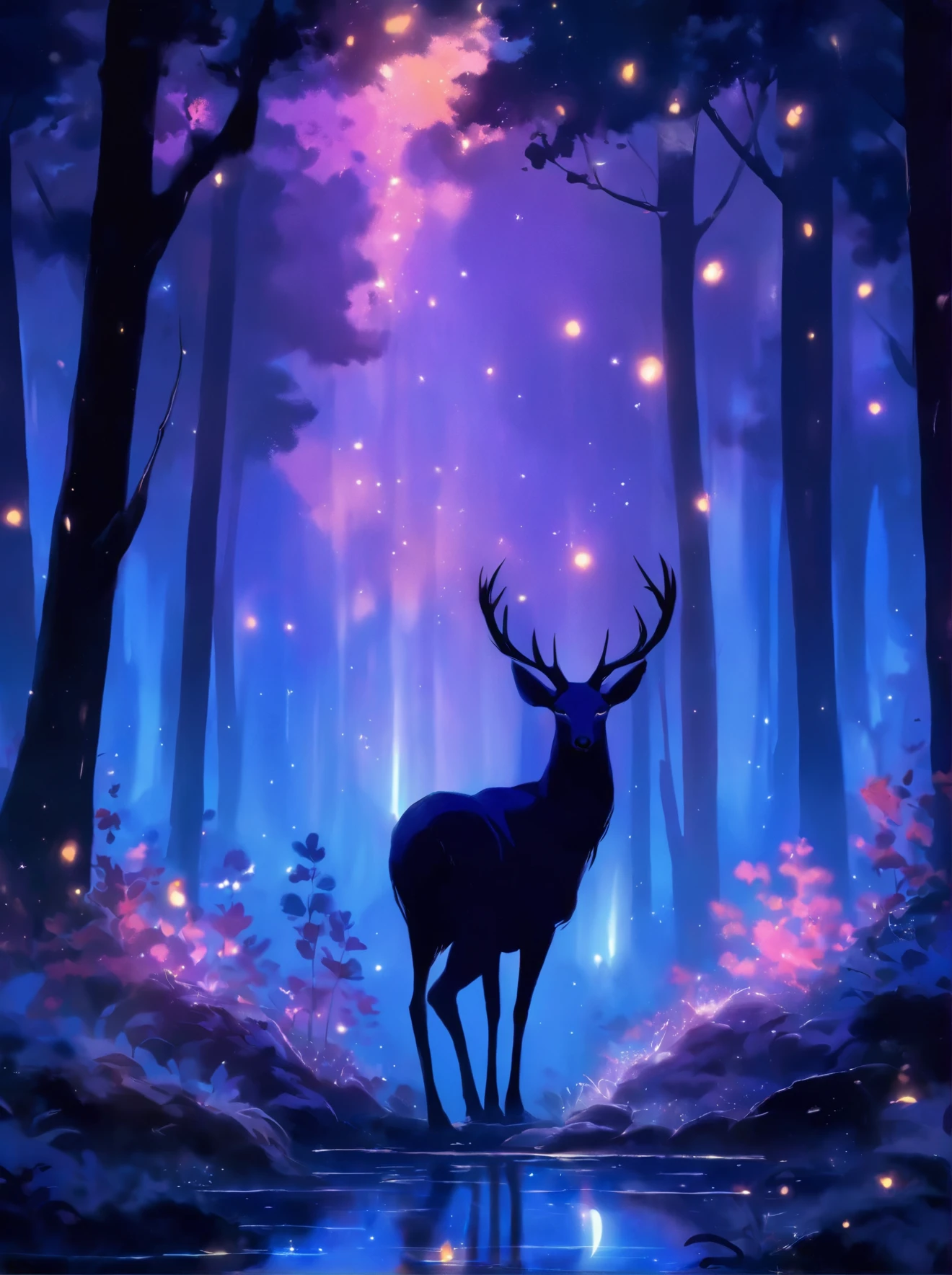 a painting of a deer in the woods with a crescent, calm night. digital illustration, ✨🕌🌙, night in the forest, in the forest at night, in a forest at night, night forest, the moonlit dance of the fae, ori and the blind forest, hollow knight concept art, moonlit forest environment, moonlit forest, forest spirit