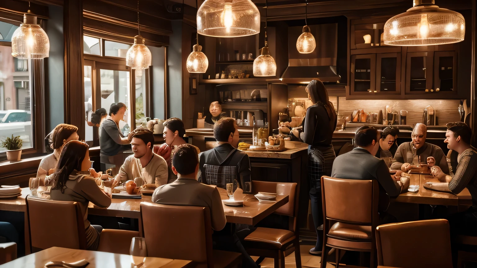A family working together in a bustling restaurant, detailed kitchen and dining area, warm lighting, happy expressions, vibrant atmosphere, late afternoon, realistic, highly detailed, 8k, cinematic lighting, octane render