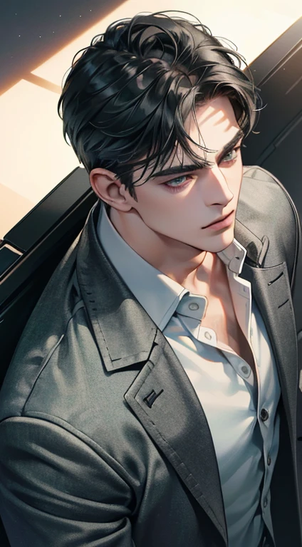 (best quality, masterpiece, 8K, photorealistic, cinematic lighting, 1:4 hdr image, top view, ultra detailed, beautiful image), a mature man, very handsome, short black hair, green grey eyes, perfect face without errors , ((buttoning his jacket, CEO))