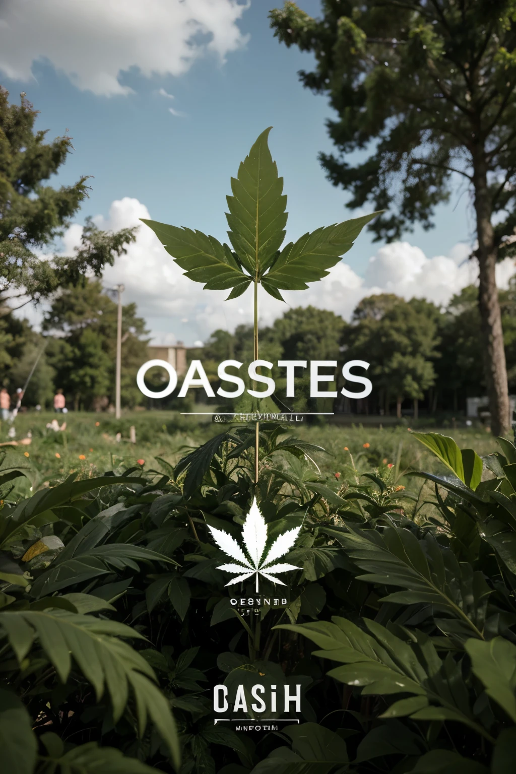 Create a logo in high definition for an electronic music event called Oasis Patch. The logo should include the cannabis leaf, but it should have only three leaves and not be too obvious.