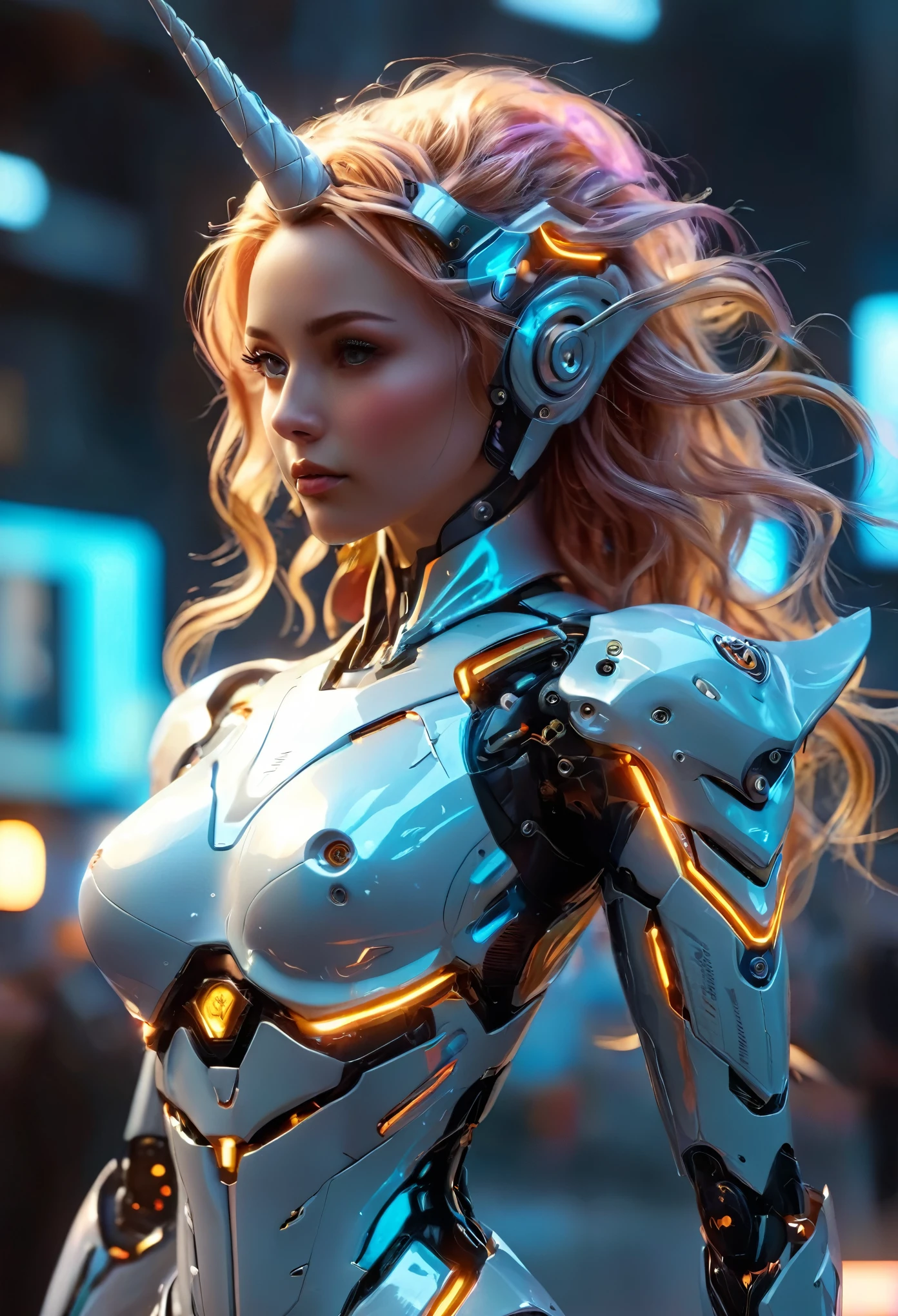 (best quality,4k,highres,masterpiece:1.2),ultra-detailed,(realistic,photorealistic:1.37), A breathtakingly beautiful female humanoid unicorn cyborg android, (a shimmering unicorn horn:1.8), porcelain skin, striking eyes, delicate features, futuristic sci-fi, intricate mechanical parts, glowing cybernetic implants, elegant and graceful pose, hyper-realistic, photorealistic, masterpiece, 8k, ultra-detailed, cinematic lighting, dramatic shadows, vivid colors, highly saturated, neon highlights, glowing energy fields, complex machinery, sleek and modern, cutting-edge technology, advanced AI, seamless integration of organic and mechanical elements