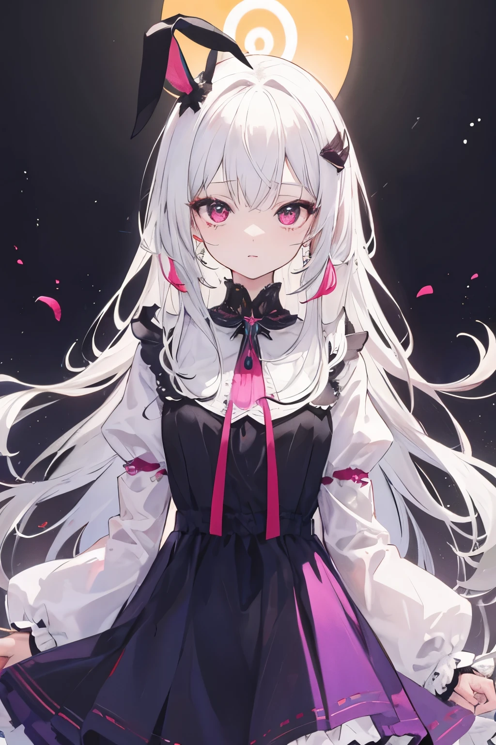 Una chica,Cabello Blanco y poco rosa,Vestido de colores,Orejas de conejo,Ojos celestes
