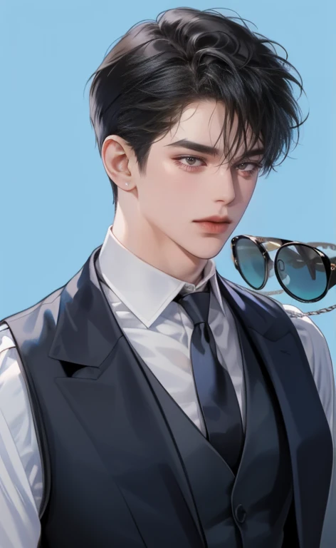 (masterpiece,best quality,ultra_detailed,highres,absurdres),1 mature male, 30-ish, (wide shoulder), (muscular), male focus, solo, short black Quiff hair with Soft Fringe (bangs part on side 3:7 ratio), chain, shirt, black necktie, necktie, simple background, blue eyes, upper body, vest, short hair, looking at viewer, no smile face, parted lips, collared shirt, round eyewear, long sleeves, hand on own shoulder, black shirt, blue background, white vest, monocle, jewelry.