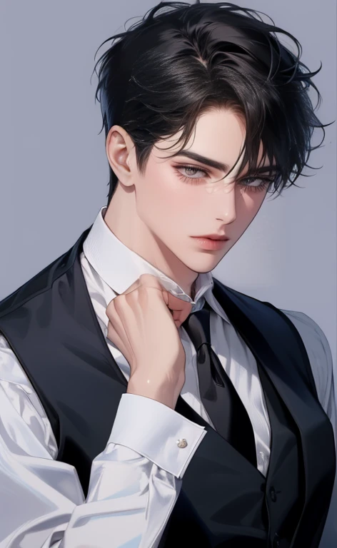 (masterpiece,best quality,ultra_detailed,highres,absurdres),1 mature male, 30-ish, (wide shoulder), (muscular), male focus, solo, short black Quiff hair with Soft Fringe (bangs part on side 3:7 ratio), chain, shirt, black necktie, necktie, simple background, blue eyes, upper body, vest, short hair, looking at viewer, no smile face, parted lips, collared shirt, round eyewear, long sleeves, hand on own shoulder, black shirt, blue background, white vest, monocle, jewelry.