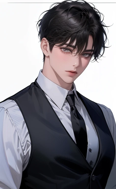 (masterpiece,best quality,ultra_detailed,highres,absurdres),1 mature male, 30-ish, (wide shoulder), (muscular), male focus, solo, short black Quiff hair with Soft Fringe (bangs part on side 3:7 ratio), chain, shirt, black necktie, necktie, simple background, blue eyes, upper body, vest, short hair, looking at viewer, no smile face, parted lips, collared shirt, round eyewear, long sleeves, hand on own shoulder, black shirt, blue background, white vest, monocle, jewelry.