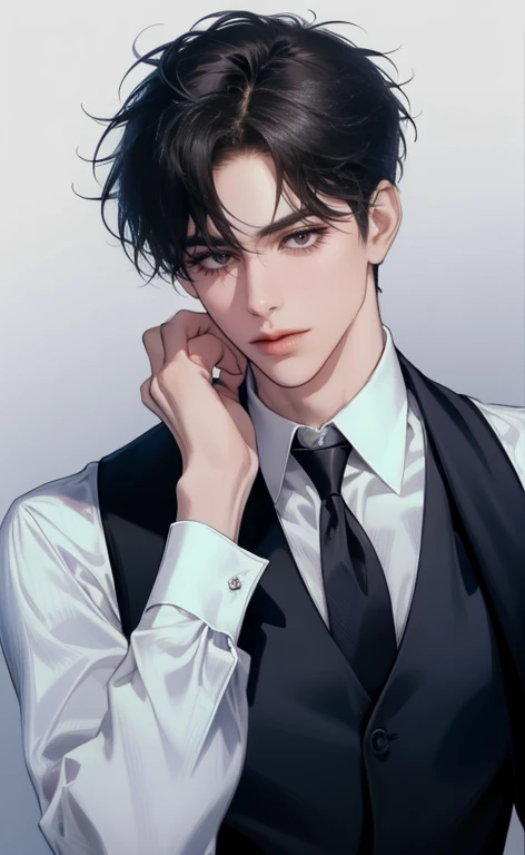 (masterpiece,best quality,ultra_detailed,highres,absurdres),1 mature male, 30-ish, (wide shoulder), (muscular), male focus, solo, short black Quiff hair with Soft Fringe (bangs part on side 3:7 ratio), chain, shirt, black necktie, necktie, simple background, blue eyes, upper body, vest, short hair, looking at viewer, no smile face, parted lips, collared shirt, round eyewear, long sleeves, hand on own shoulder, black shirt, blue background, white vest, monocle, jewelry.