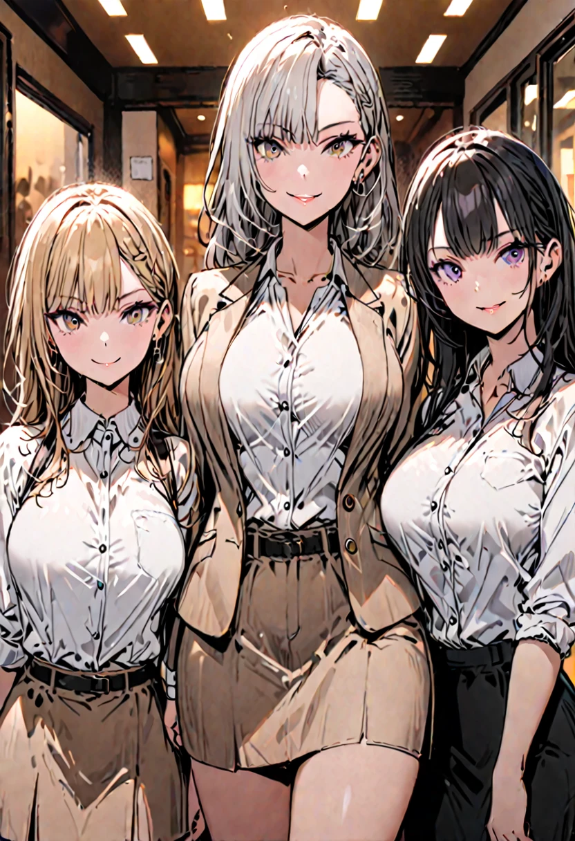 3 girls, female, sfw, medium shot, large breasts, smile, smart casual