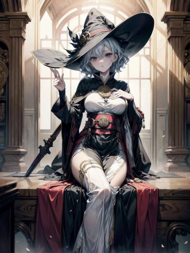 Wide Angle, Anime character, arcane books and scrolls, a grand fireplace, traditional witch outfit, hat, absurdres, RAW photo, extremely delicate and beautiful, masterpiece, Best Quality, ultra high resolution, 32k, hyperrealistic, ultra-detailed, perfect figure, perfect shape, detailed description, pale skin, 20 years old, detailed beautiful face and eyes, tearful mole, earring, short medium hair, wavy hair,