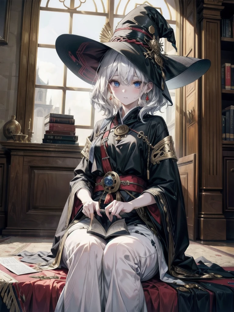 Wide Angle, Anime character, arcane books and scrolls, a grand fireplace, traditional witch outfit, hat, absurdres, RAW photo, extremely delicate and beautiful, masterpiece, Best Quality, ultra high resolution, 32k, hyperrealistic, ultra-detailed, perfect figure, perfect shape, detailed description, pale skin, 20 years old, detailed beautiful face and eyes, tearful mole, earring, short medium hair, wavy hair,