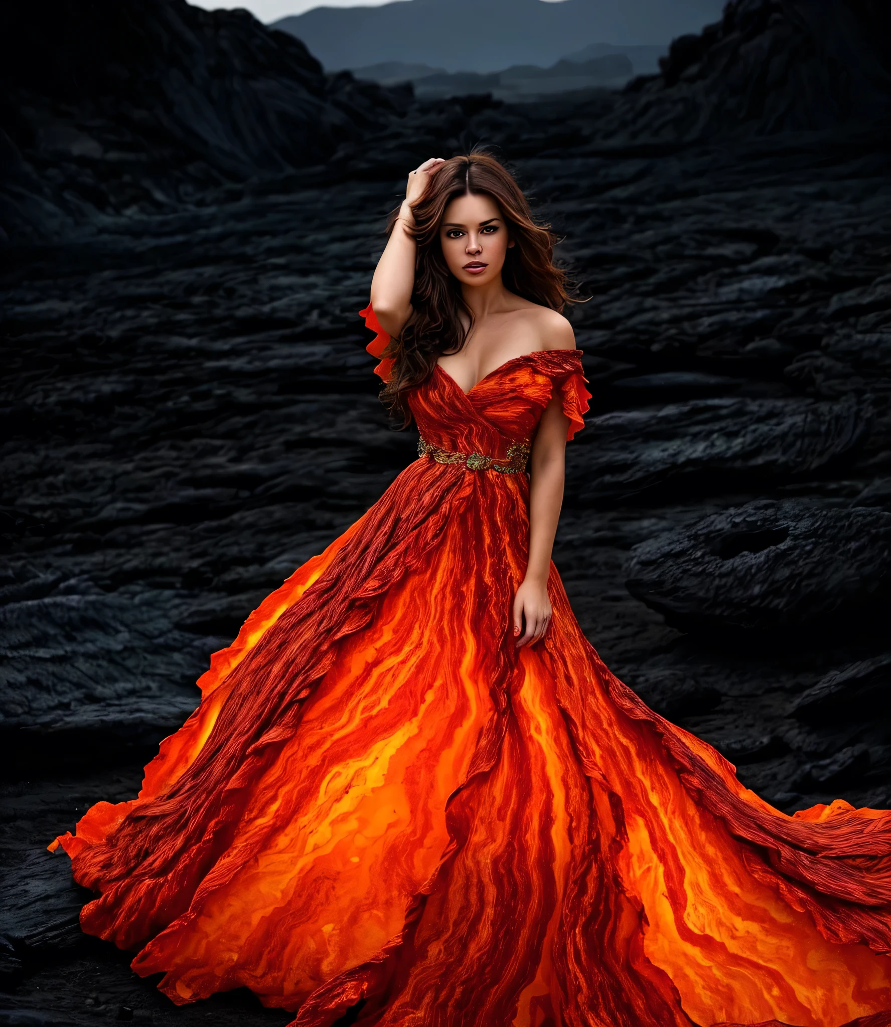 A woman standing in a dark, rocky landscape wearing a flowing, glowing dress that looks like molten lava. The dress has fiery red and orange hues, with patterns resembling liquid magma. Her hair is slightly windswept, and she has a confident expression. The background is dark and dramatic, emphasizing the vibrant, luminous nature of the dress. Medium breast, brunette hair