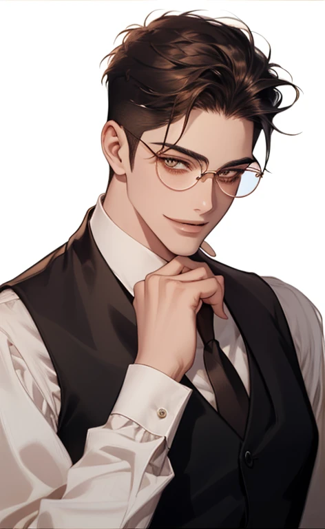 (masterpiece,best quality,ultra_detailed,highres,absurdres),1 mature male, 30-ish, (wide shoulder), (muscular), male focus, solo, brown undercut hair, chain, shirt, black necktie, necktie, simple background, yellow eyes, upper body, vest, short hair, looking at viewer, smile face, parted lips, collared shirt, round eyewear, long sleeves, hand on own shoulder, white shirt, brown background, black vest, monocle, jewelry.