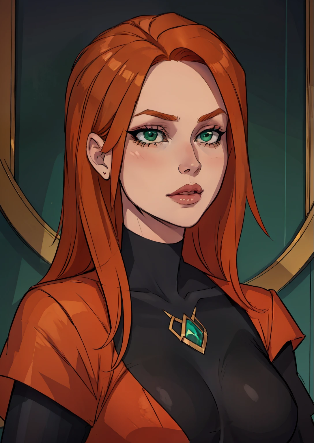 masterpiece, best quality, 1female, face portrait, intense makeup, orange hair, green eyes, young, eve def