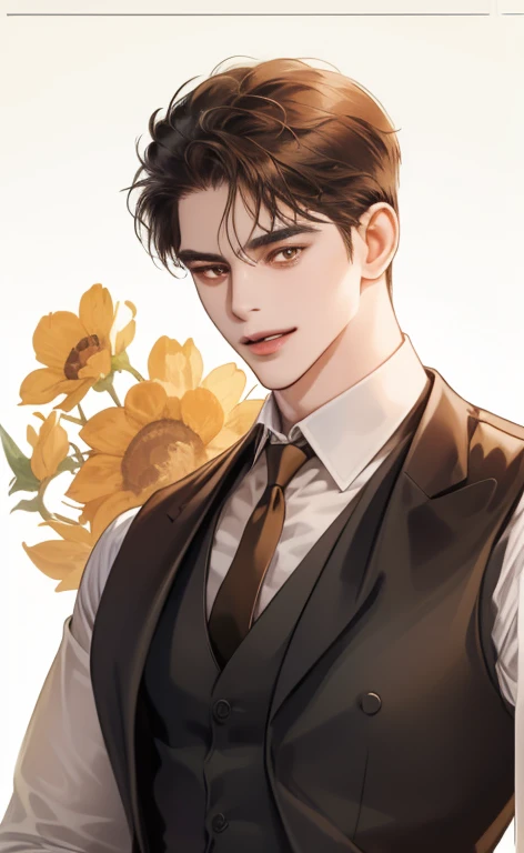 (masterpiece,best quality,ultra_detailed,highres,absurdres),1 mature male, 30-ish, (wide shoulder), (muscular), male focus, solo, brown undercut hair, chain, shirt, black necktie, necktie, simple background, yellow eyes, upper body, vest, short hair, looking at viewer, smile face, parted lips, collared shirt, round eyewear, long sleeves, hand on own shoulder, white shirt, brown background, black vest, monocle, jewelry.