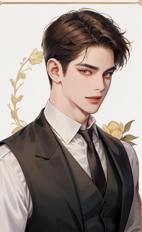 (masterpiece,best quality,ultra_detailed,highres,absurdres),1 mature male, 30-ish, (wide shoulder), (muscular), male focus, solo, brown undercut hair, chain, shirt, black necktie, necktie, simple background, yellow eyes, upper body, vest, short hair, looking at viewer, smile face, parted lips, collared shirt, round eyewear, long sleeves, hand on own shoulder, white shirt, brown background, black vest, monocle, jewelry.