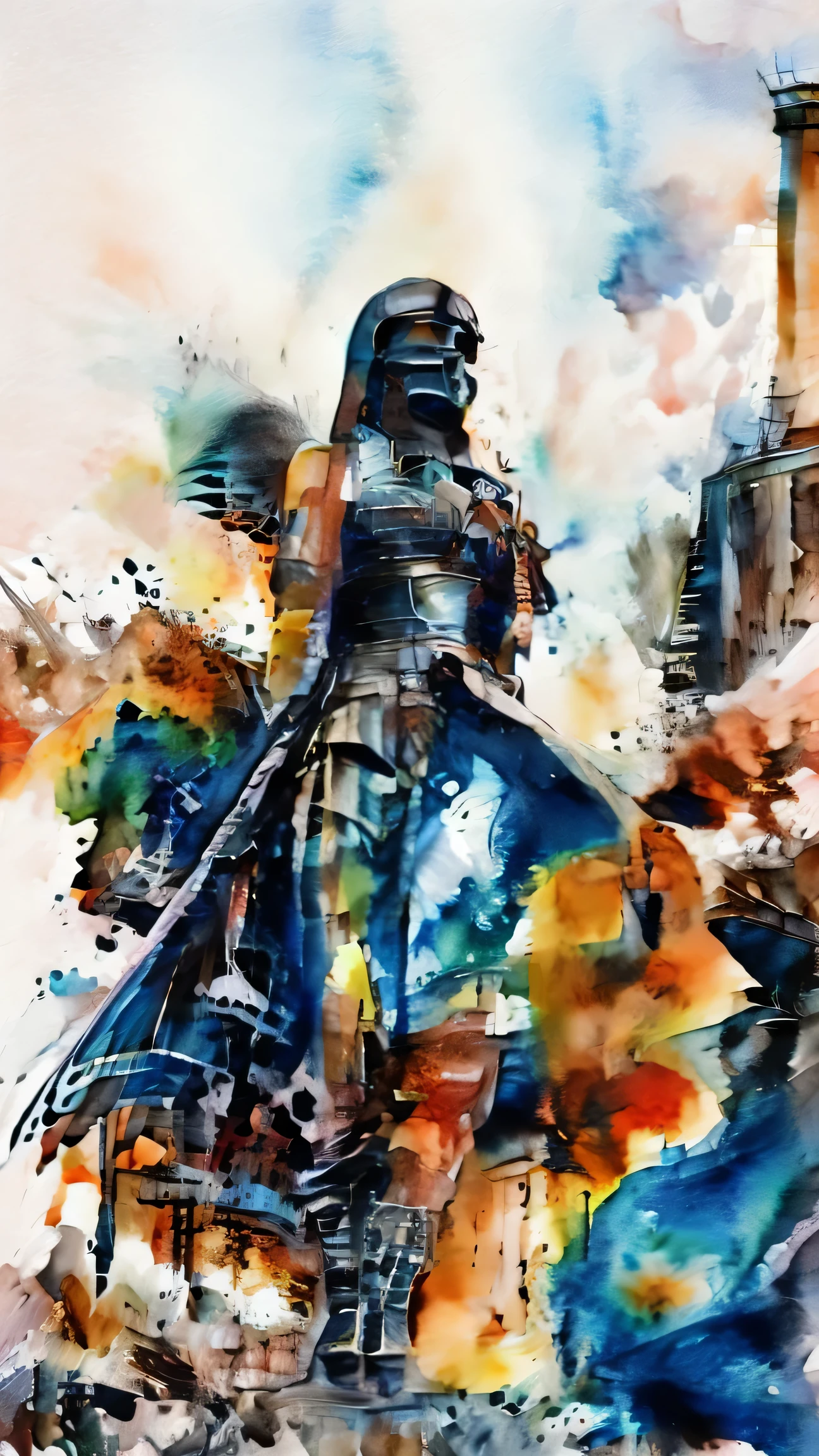 dark angel, angel of death with shiny sword, in the background city in ruins and flames, modern art, painting, drawing, watercolor, psychedelic colors
