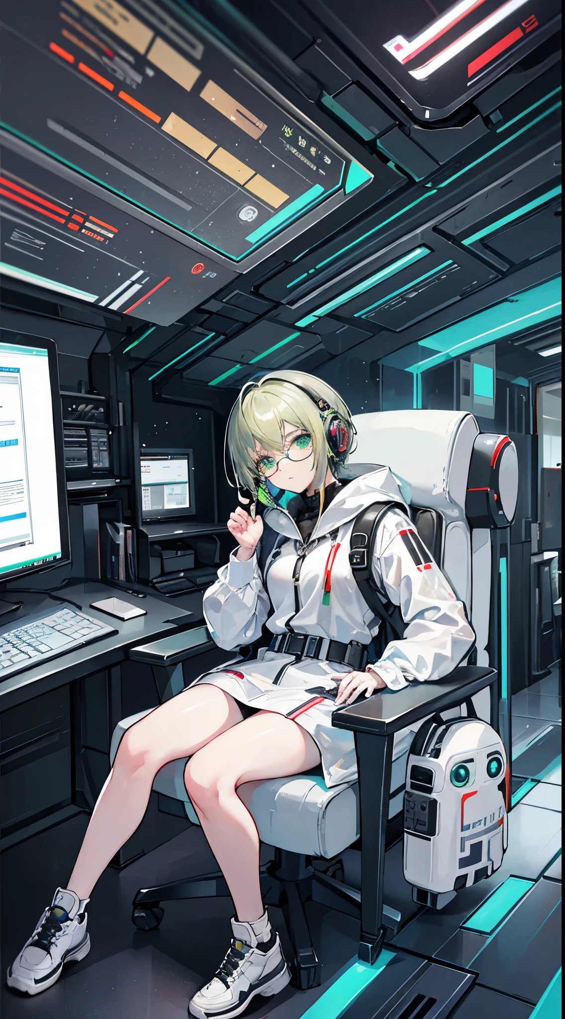 A middle-aged woman,Semi-mechanical modification,Droid,Droid Expert,Green Eyes,Watching,(black gray hair:1.5),Programmer,programmer,Hold your head,sit on the chair,White coat,White coat,White Robe,White coat,Research suits,shirt,Office,Droid Minions,earphone,单片Glasses,Glasses,eyepiece,Condescending,Watching,bootonolithic eyepieces,Decision tasks,Mature,Cyberpunk Characters,Mechanical backpack,At work,