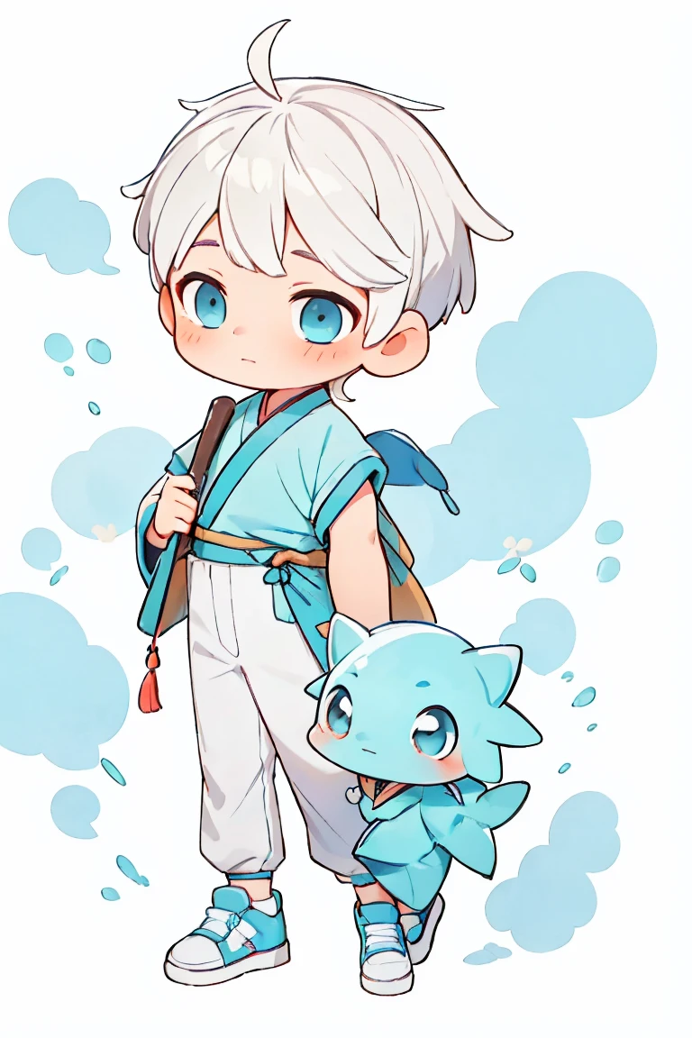 best quality, shouhui,(1boy:1.3),hanfu, chibi, White-haired boy wearing a cyan shirt and white pants with cyan sneakers, with an axolotl on his shoulder white background.