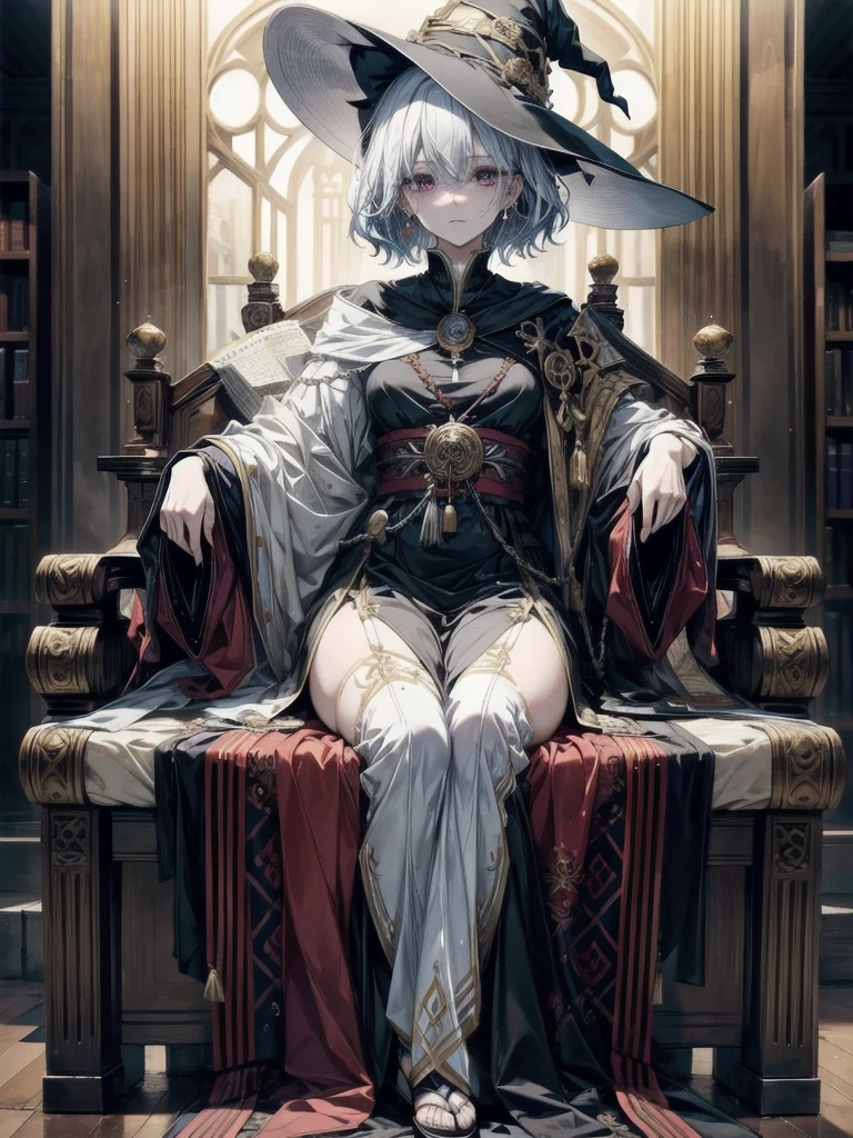 whole body, Anime character, arcane books and scrolls, a grand fireplace, traditional witch outfit, hat, absurdres, RAW photo, extremely delicate and beautiful, masterpiece, Best Quality, ultra high resolution, 32k, hyperrealistic, ultra-detailed, perfect figure, perfect shape, detailed description, pale skin, 20 years old, detailed beautiful face and eyes, tearful mole, earring, short medium hair, wavy hair,