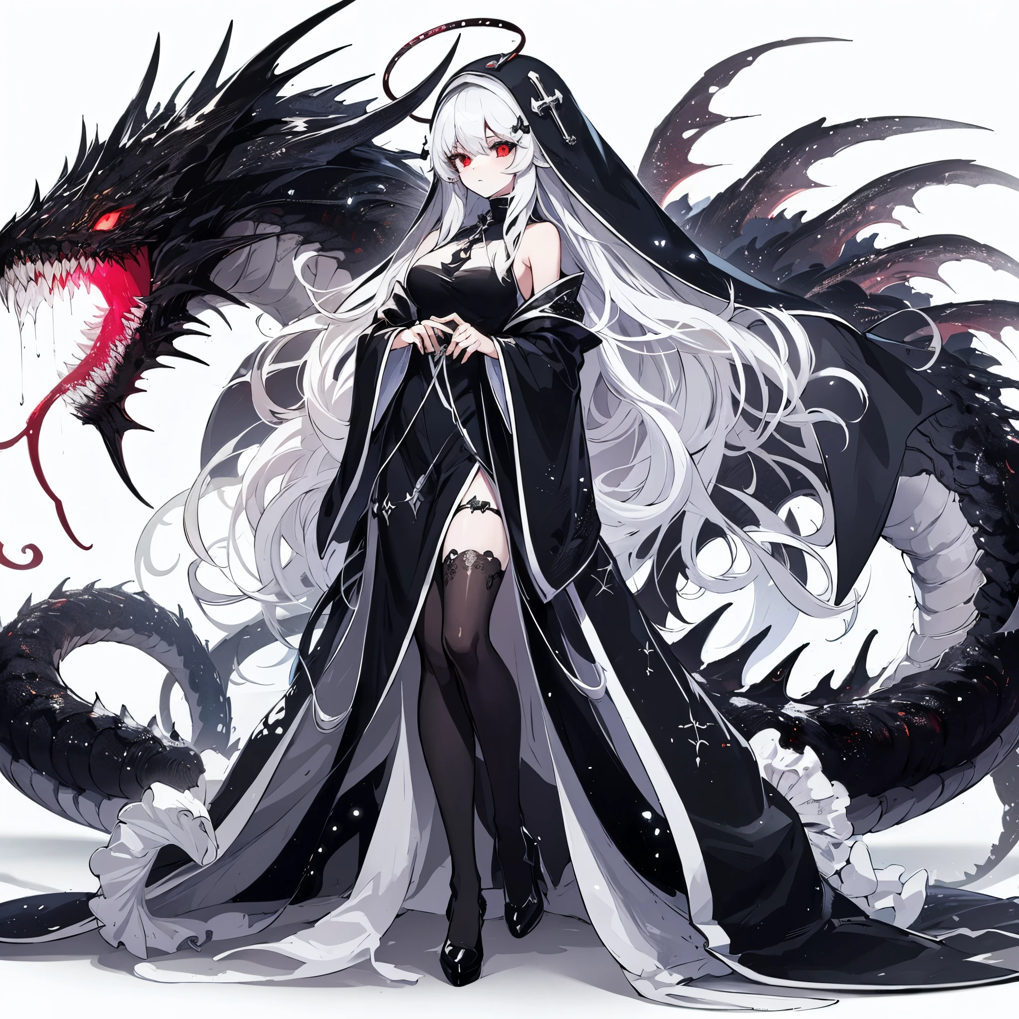 (Masterpiece, Top Quality), (Fine Hair), Ultra-Detailed, Anime Style, Solo, Full Length, Concept Art, Charybdis. Female Dragon. deep sea fish element. red pupils, Black nun hat, White hair pressed into the hood, shawl, Black and white leather nun dress, black body. Stinging. sharp teeth. Luminous. luminescent organ. Tentacles. White background, standing full length, Digital painting,
