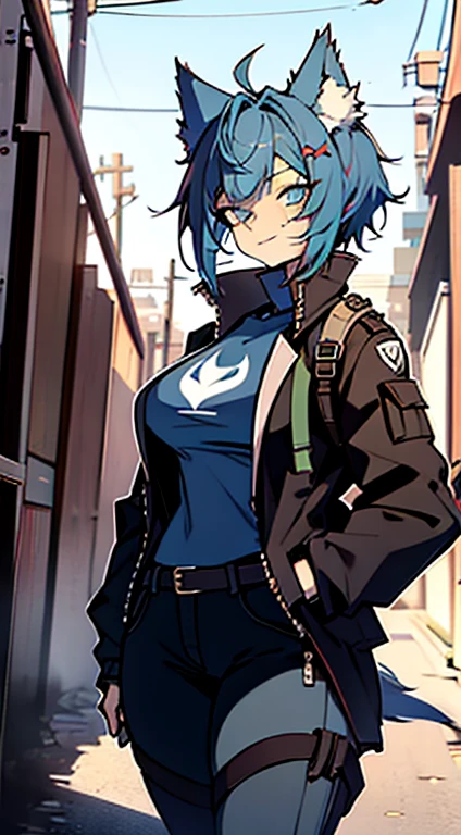 1girl, short_rebellious_hairblue_hair, blue_eyes, scary_eyes, short_hair, hair just blue, expression would be, looking_at_vi ewer, holding, shirt, pant, animal_ears, blue_ ears, wolf_woman, blue_tail, body_perfect, Milf_body, female_body_muscular, scar_on_thighs, scar_on_the abdomen, hunter_outfit_black