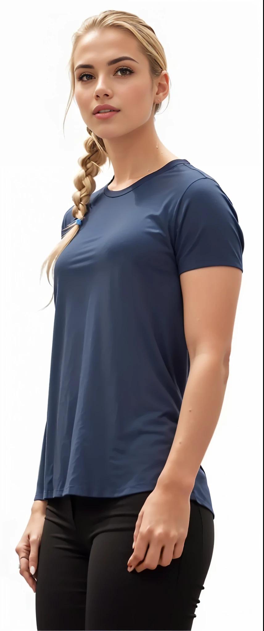 a woman in a blue camisa and black pants posing for a picture, Marinha camisa, dark blue camisa, sport t-camisa, wet t camisa, blue tight tcamisa, roupas esportivas, Marinha, tcamisa, Cinza camisa, roupas esportivas, prana, ad image, wearing a t-camisa, Cinza, mesh camisa, wet tcamisa, camisa, t-camisa