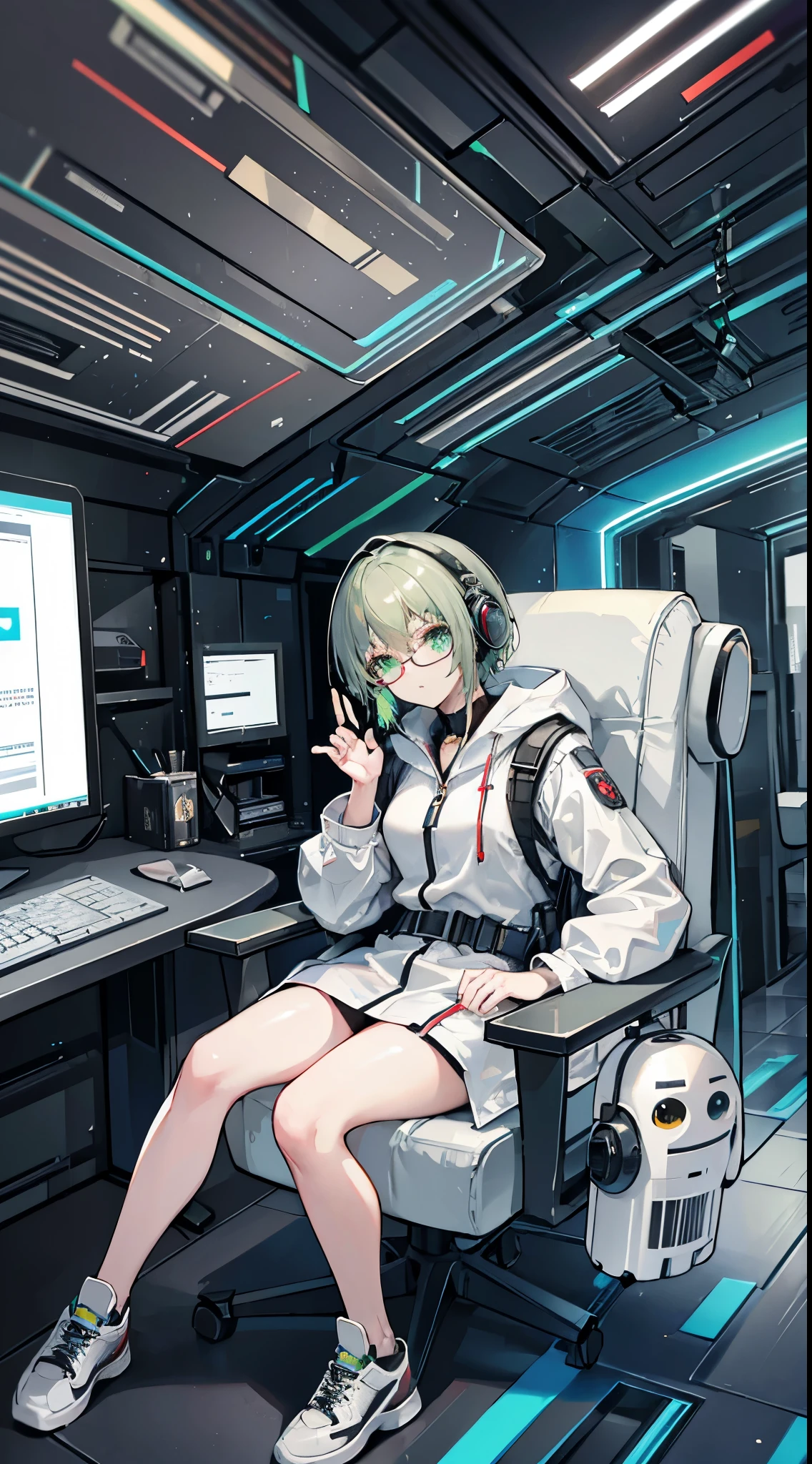 A middle-aged woman,Semi-mechanical modification,Droid,Droid Expert,Green Eyes,Watching,(black gray hair:1.5),Programmer,programmer,sit on the chair,White coat,White coat,White Robe,White coat,Suit lining,(Research suits:1.2),shirt,Office,Droid Minions,earphone,单片Glasses,Glasses,eyepiece,Condescending,Watching,bootonolithic eyepieces,(Decision tasks:1.5),Mature,Cyberpunk Characters,Mechanical backpack,At work,