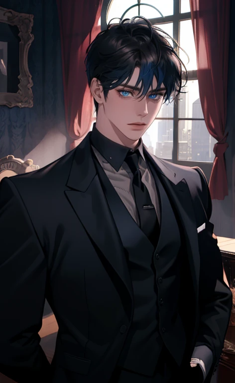 (masterpiece,best quality,ultra_detailed,highres,absurdres, detailed light, detailed shadow),1 ((mature)) male, ((mature face)) 30-ish, (board shoulder), (muscular), male focus, solo, black hair (no highlight), chain, shirt, black necktie, necktie, simple background, blue eyes, full body shot (head to toe), vest, short hair (bangs part in 3:7 ratio), looking at viewer, parted lips, collared shirt, round eyewear, long sleeves, black shirt, he stands next to the window, bedroom background, night time, night light, black vest, monocle, jewelry, dutch angle, detailed background.