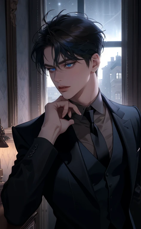 (masterpiece,best quality,ultra_detailed,highres,absurdres, detailed light, detailed shadow),1 ((mature)) male, ((mature face)) 30-ish, (board shoulder), (muscular), male focus, solo, black hair (no highlight), chain, shirt, black necktie, necktie, simple background, blue eyes, full body shot (head to toe), vest, short hair (bangs part in 3:7 ratio), looking at viewer, parted lips, collared shirt, round eyewear, long sleeves, black shirt, he stands next to the window, bedroom background, night time, night light, black vest, monocle, jewelry, dutch angle, detailed background.
