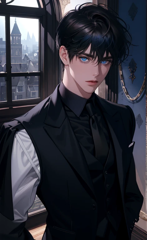 (masterpiece,best quality,ultra_detailed,highres,absurdres, detailed light, detailed shadow),1 ((mature)) male, ((mature face)) 30-ish, (board shoulder), (muscular), male focus, solo, black hair (no highlight), chain, shirt, black necktie, necktie, simple background, blue eyes, full body shot (head to toe), vest, short hair (bangs part in 3:7 ratio), looking at viewer, parted lips, collared shirt, round eyewear, long sleeves, black shirt, he stands next to the window, bedroom background, night time, night light, black vest, monocle, jewelry, dutch angle, detailed background.