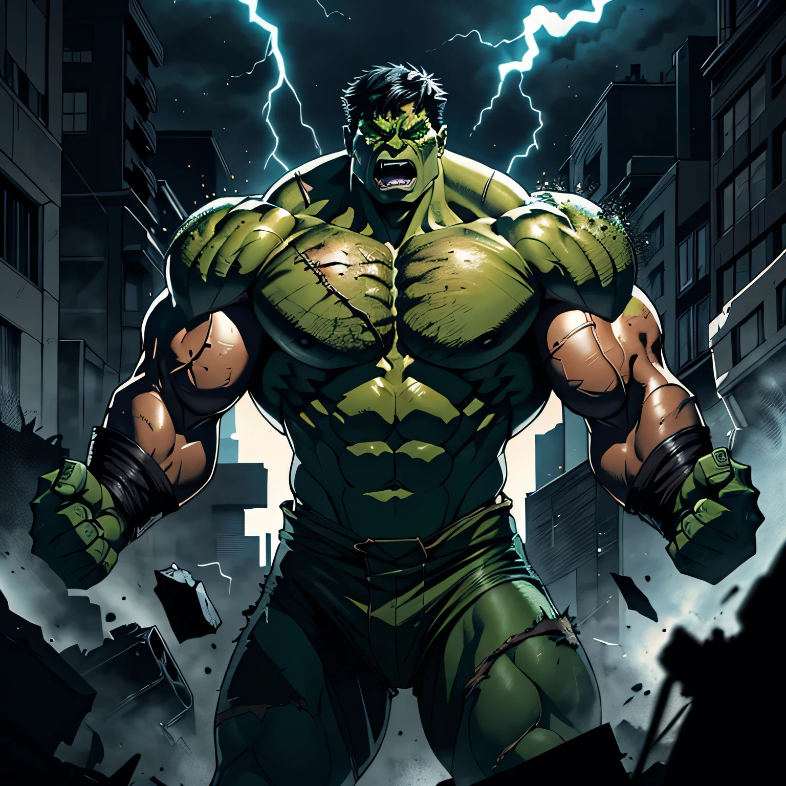 hulk,angry hulk,green hulk,muscular hulk,rage,fury,veins popping out,shredded clothes,epic action pose,dramatic lighting,cinematic camera angle,gritty urban environment,muted color palette,chiaroscuro lighting,heavy shading,high contrast,masterpiece,8k,photorealistic,cinematic quality,professional 3d render