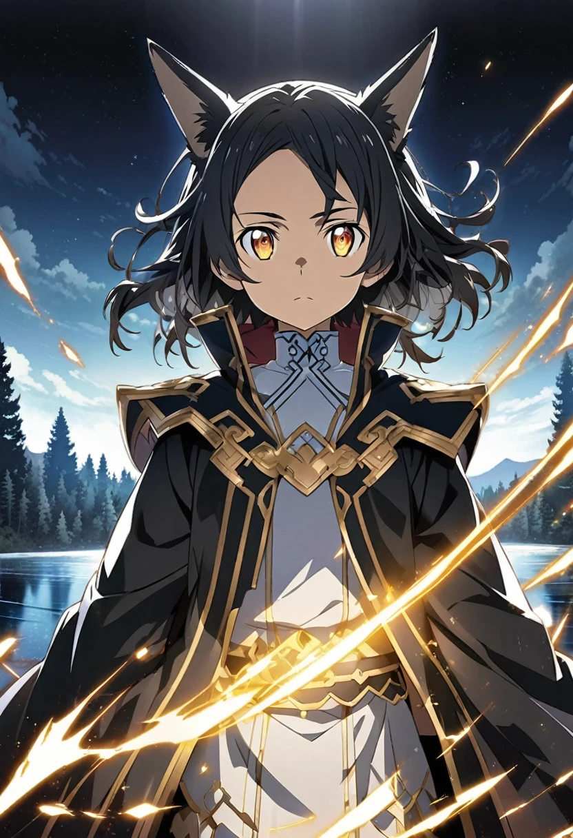 Sawada Tsunayoshi \(Sword Art Online\), long black hair, glowing gold eyes:1.2, shinigami costume, bangs, expressionless, Fox ears, ((ultra-detailed)), ((illustration)), ((disheveled hair)), (beautiful detailed eyes), male, 1boy, ((dark mirror sky lake)), looking at viewer