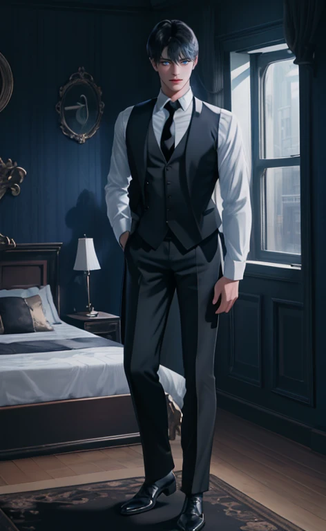 (masterpiece,best quality,ultra_detailed,highres,absurdres, detailed light, detailed shadow),1 ((mature)) male, ((mature face)) 30-ish, (board shoulder), (muscular), male focus, solo, black hair (no highlight), chain, shirt, black necktie, necktie, simple background, blue eyes, full body shot (head to toe), vest, short hair (bangs part in 3:7 ratio), looking at viewer, parted lips, collared shirt, round eyewear, long sleeves, black shirt, he stands next to the window, bedroom background, night time, night light, black vest, monocle, jewelry, dutch angle, detailed background.
