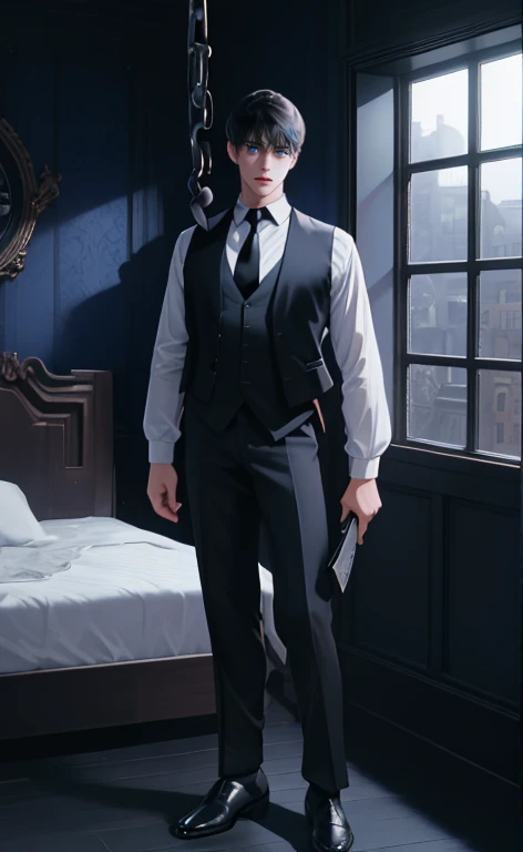 (masterpiece,best quality,ultra_detailed,highres,absurdres, detailed light, detailed shadow),1 ((mature)) male, ((mature face)) 30-ish, (board shoulder), (muscular), male focus, solo, black hair (no highlight), chain, shirt, black necktie, necktie, simple background, blue eyes, full body shot (head to toe), vest, short hair (bangs part in 3:7 ratio), looking at viewer, parted lips, collared shirt, round eyewear, long sleeves, black shirt, he stands next to the window, bedroom background, night time, night light, black vest, monocle, jewelry, dutch angle, detailed background.
