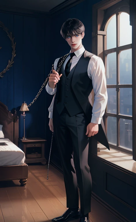 (masterpiece,best quality,ultra_detailed,highres,absurdres, detailed light, detailed shadow),1 ((mature)) male, ((mature face)) 30-ish, (board shoulder), (muscular), male focus, solo, black hair (no highlight), chain, shirt, black necktie, necktie, simple background, blue eyes, full body shot (head to toe), vest, short hair (bangs part in 3:7 ratio), looking at viewer, parted lips, collared shirt, round eyewear, long sleeves, black shirt, he stands next to the window, bedroom background, night time, night light, black vest, monocle, jewelry, dutch angle, detailed background.