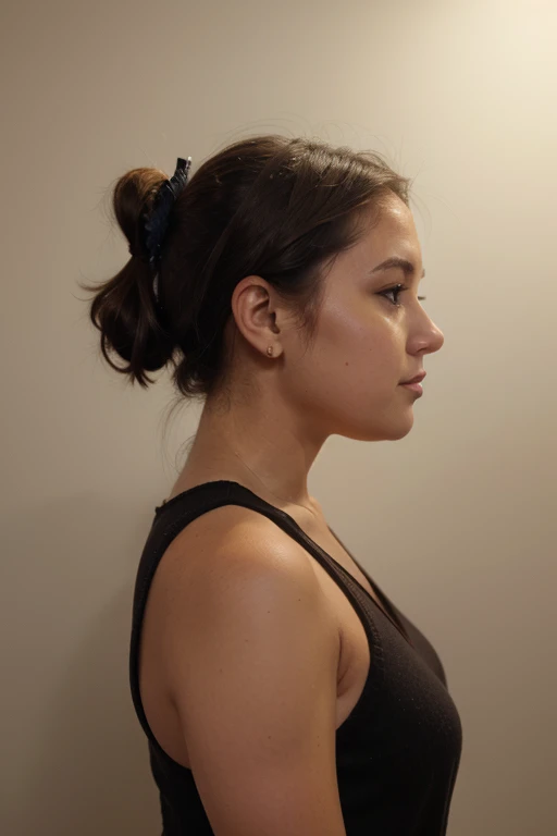 3/4 view chubby face dark brown hair ponytail