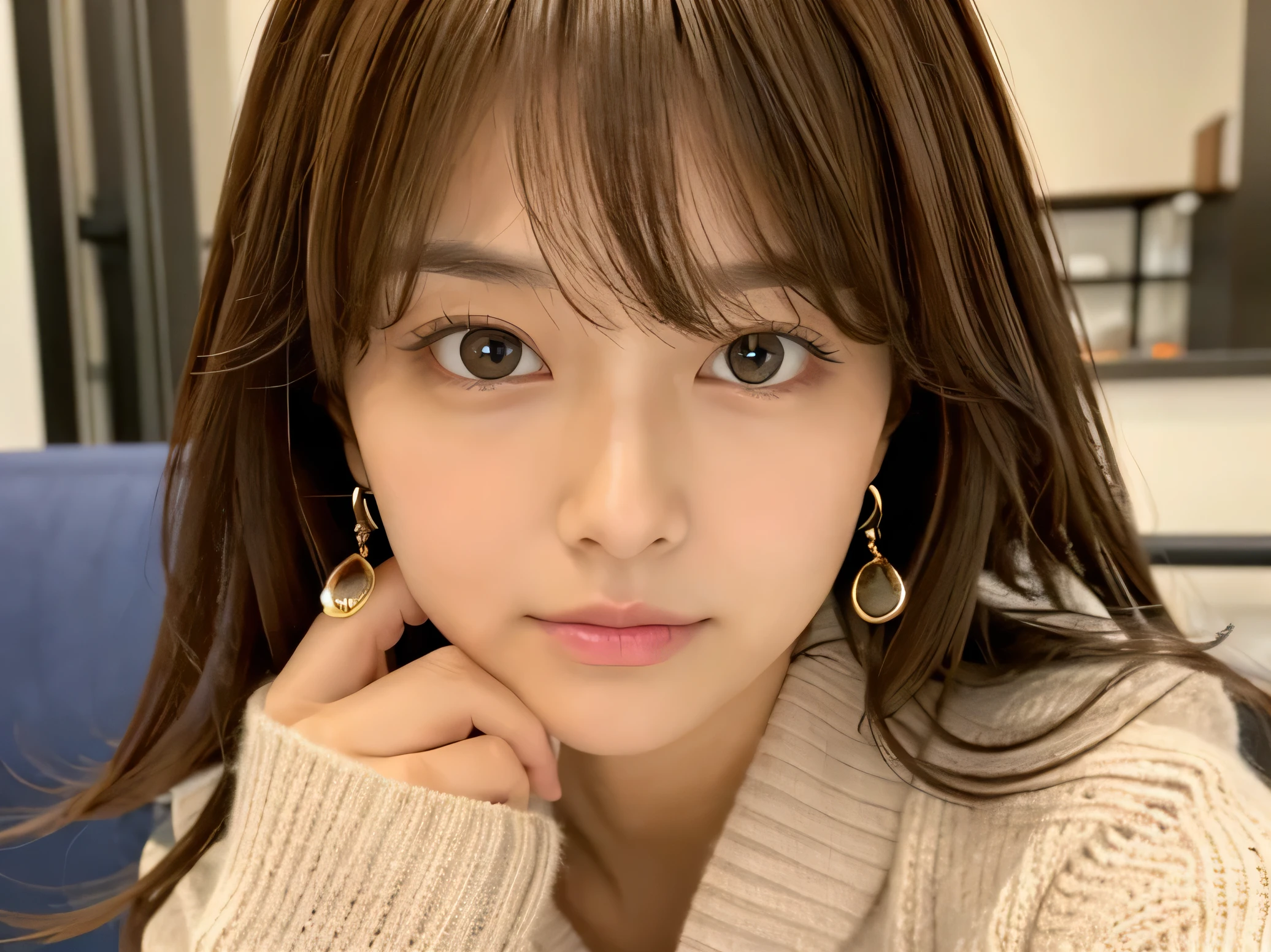 Look into the eyes, Eye contact, Front of face, Front face, face, head, Cross-legged, indoor, Brown Hair, bangs, Light clothing, cardigan, Sweat, Sweaty, Sweat, clavicle, Cross-legged, Light from below, chest, Earrings