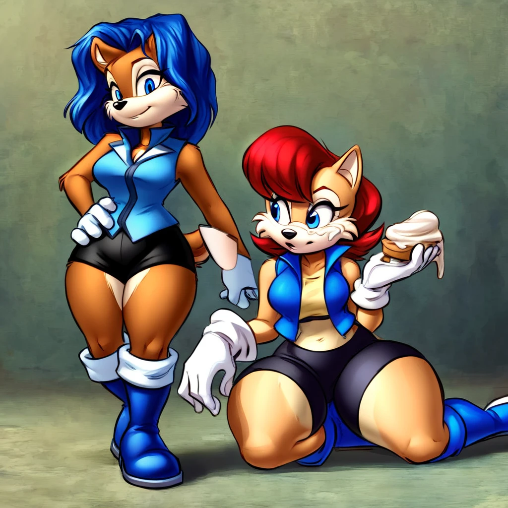 anthro  sally sally acorn from Sonic Satam, (((wearing a blue vest,))) ((black midsection,)) wearing black shorts, thick thighs, ((blue boots,)) white trim, ((darker brown fur,)) wearing white gloves, (((cream colored face,))) blue eyes, ((red hair,))