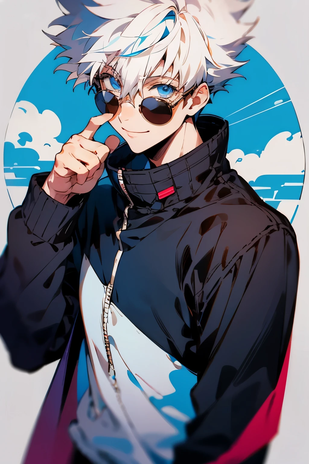 gojou satoru, solo, looking at viewer, smile, short hair, bangs, blue eyes, anime background, long sleeves, 1boy, hair between eyes, closed mouth, jacket, upper body, white hair, male focus, pants, hand up, black jacket, eyelashes, sunglasses, high collar, colored eyelashes, round blue eyewear