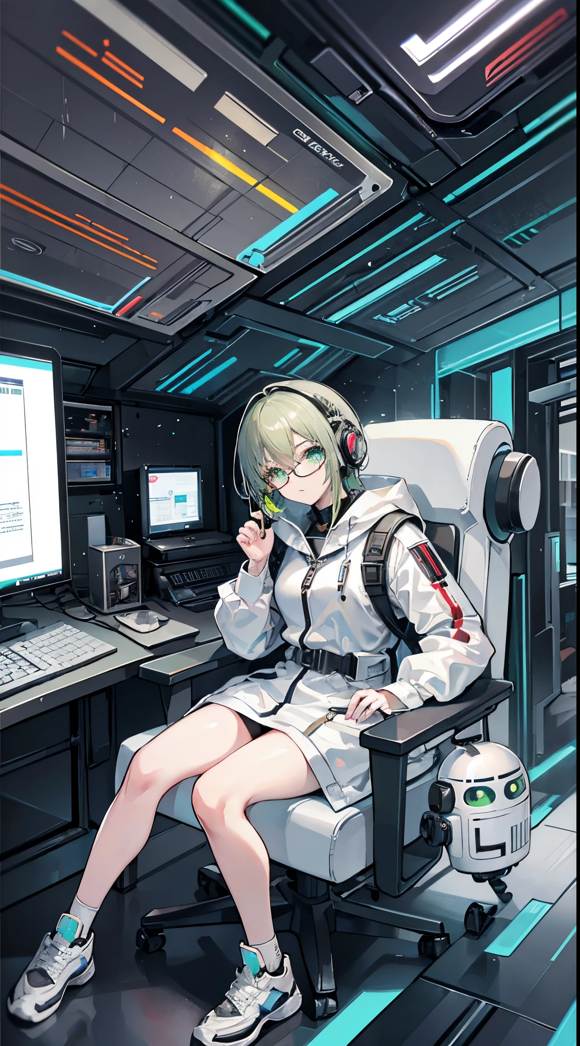 A middle-aged woman,Semi-mechanical modification,Droid,Droid Expert,Green Eyes,Watching,(black gray hair:1.5),Programmer,programmer,sit on the chair,White coat,White coat,White Robe,White coat,Suit lining,(Research suits:1.2),shirt,Office,Droid Minions,earphone,单片Glasses,Glasses,eyepiece,Condescending,Watching,bootonolithic eyepieces,(Decision tasks:1.5),Mature,Cyberpunk Characters,Mechanical backpack,At work,