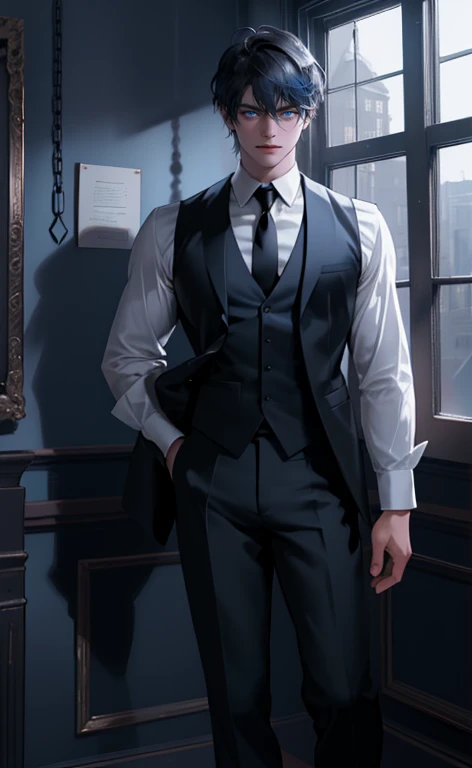 (masterpiece,best quality,ultra_detailed,highres,absurdres, detailed light, detailed shadow),1 ((mature)) male, ((mature face)) 30-ish, (board shoulder), (muscular), male focus, solo, black hair (no highlight), chain, shirt, black necktie, necktie, simple background, blue eyes, full body shot (head to toe), vest, short hair (bangs part in 3:7 ratio), looking at viewer, parted lips, collared shirt, round eyewear, long sleeves, black shirt, he stands next to the window, bedroom background, night time, night light, black vest, monocle, jewelry, dutch angle, detailed background.