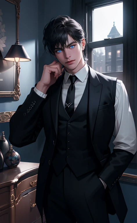 (masterpiece,best quality,ultra_detailed,highres,absurdres, detailed light, detailed shadow),1 ((mature)) male, ((mature face)) 30-ish, (board shoulder), (muscular), male focus, solo, black hair (no highlight), chain, shirt, black necktie, necktie, simple background, blue eyes, full body shot (head to toe), vest, short hair (bangs part in 3:7 ratio), looking at viewer, parted lips, collared shirt, round eyewear, long sleeves, black shirt, he stands next to the window, bedroom background, night time, night light, black vest, monocle, jewelry, dutch angle, detailed background.