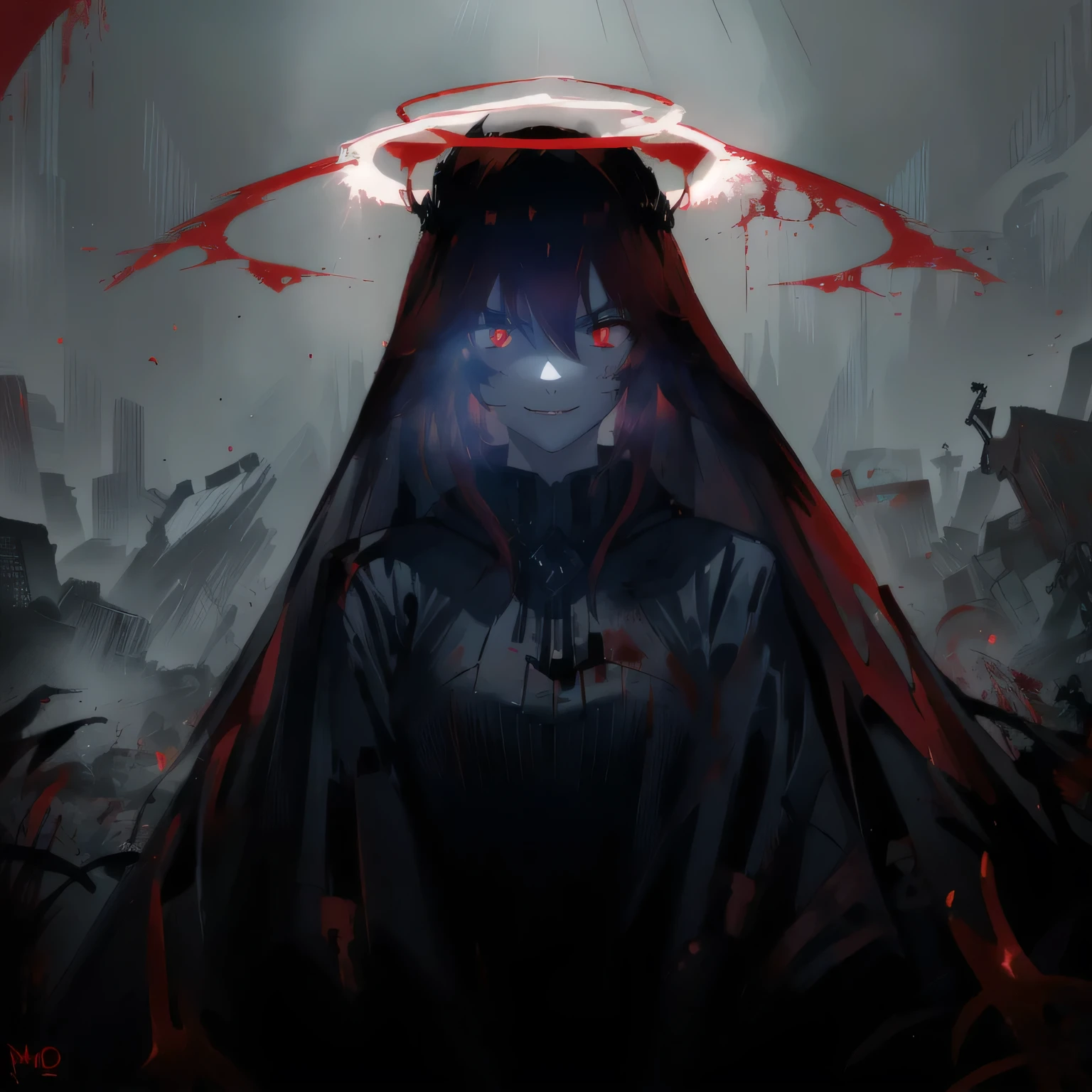 arafed image of a woman with a red cape and a halo, with red glowing eyes, with glowing red eyes, blood dripping from eyes, gapmoe yandere grimdark, red glowing eyes, fully red eyes, his eyes are bleeding intense, blood red eyes, with red eyes, his eyes are red and glowing, eyeless watcher, no face, melancholic look and smile.