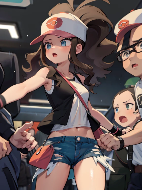 Alta calidad, obra maestra, mejor calidad, Hilda \(pokemon\), def1, forma del cuerpo, ojos bonitos, ojos detallados, muslos gruesos, A girl being touched by several men without her consent inside a subway car.,ILLUSTRATION,harsh and disturbing atmosphere,[sombras oscuras,dark and crowded subway car,panic,lucha],(mejor calidad,high resolution),vivid colors,warm tones,dim lighting