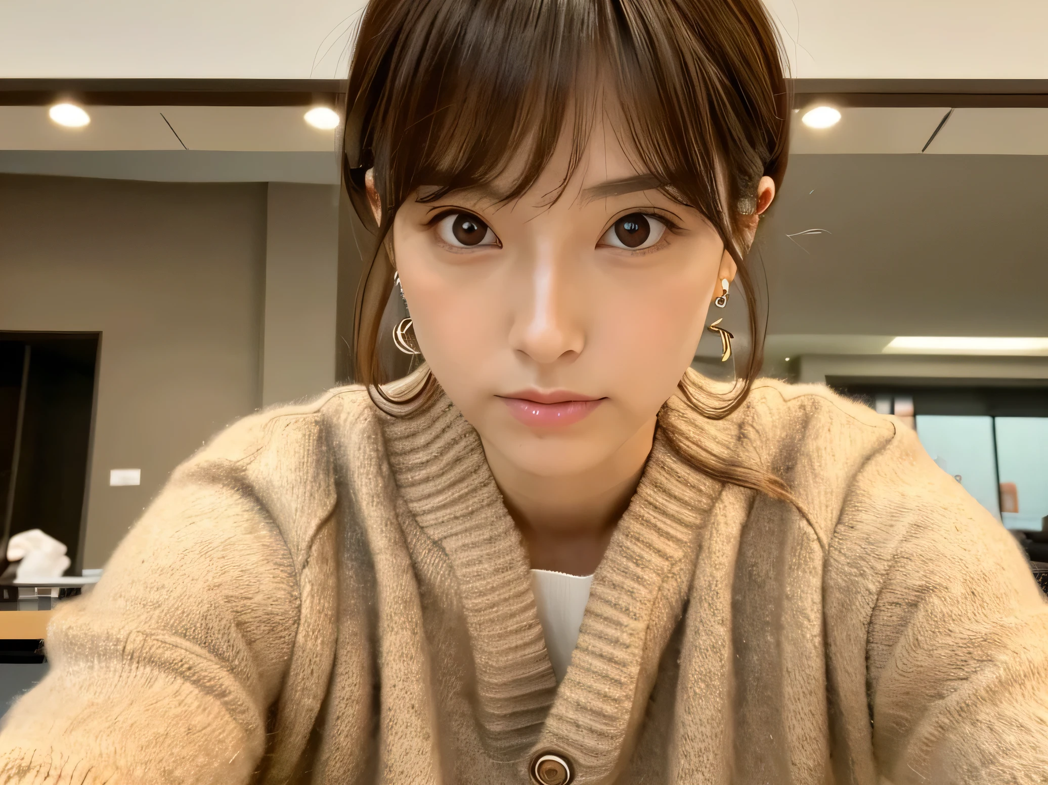 Look into the eyes, Eye contact, Front of face, Front face, face, head, Cross-legged, indoor, Brown Hair, bangs, Light clothing, cardigan, Sweat, Sweaty, Sweat, clavicle, Cross-legged, Light from below, chest, Earrings